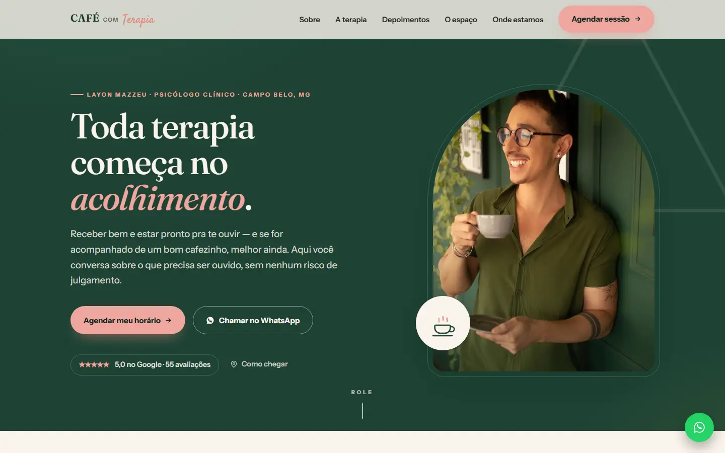 Primeira tela do site Café com Terapia