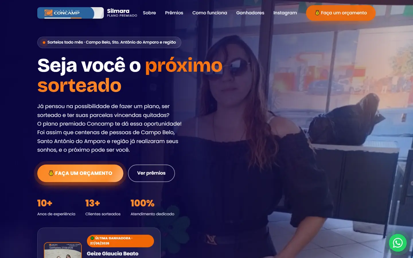 Primeira tela do site Silmara · Plano Premiado Concamp